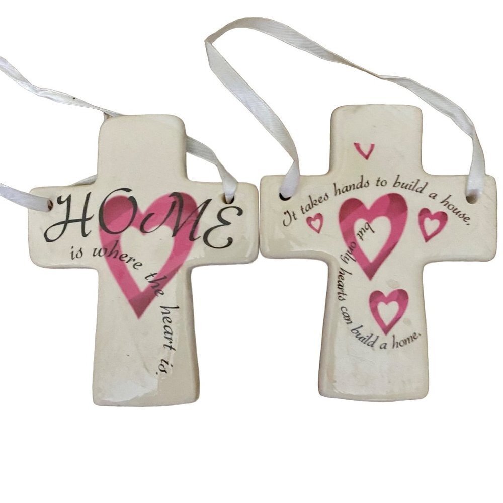 2 Hanging Crosses with Hearts and Home Ceramic 5 inches
